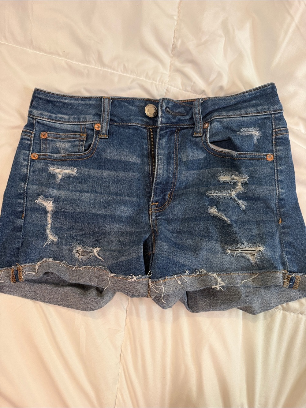 American Eagle Outfitters Hi-Rise Shortie Distressed Dark Blue Denim Shorts